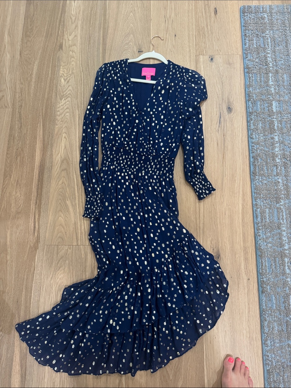 Lilly Pulitzer Navy Blue Polka Dot Asymmetrical Maxi Dress